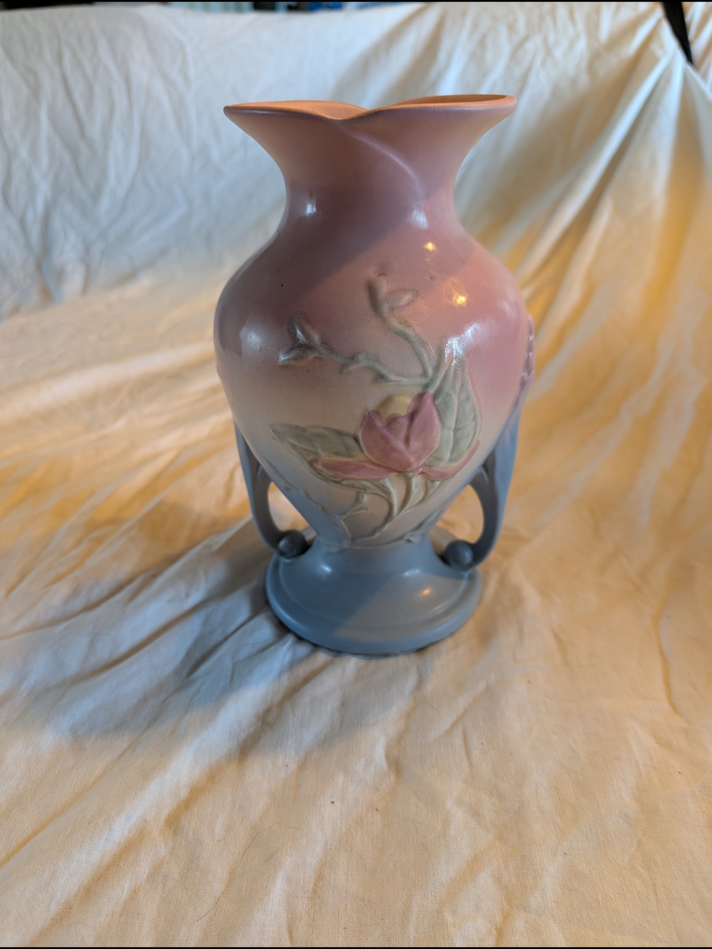 2/90$ Two-Tone hull pottery Pink and Blue Floral Relief Vase
